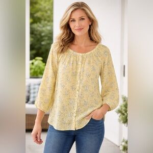 CHAPS 100% Cotton Gauze Floral Blouse - Yellow/Blue SIZE XL